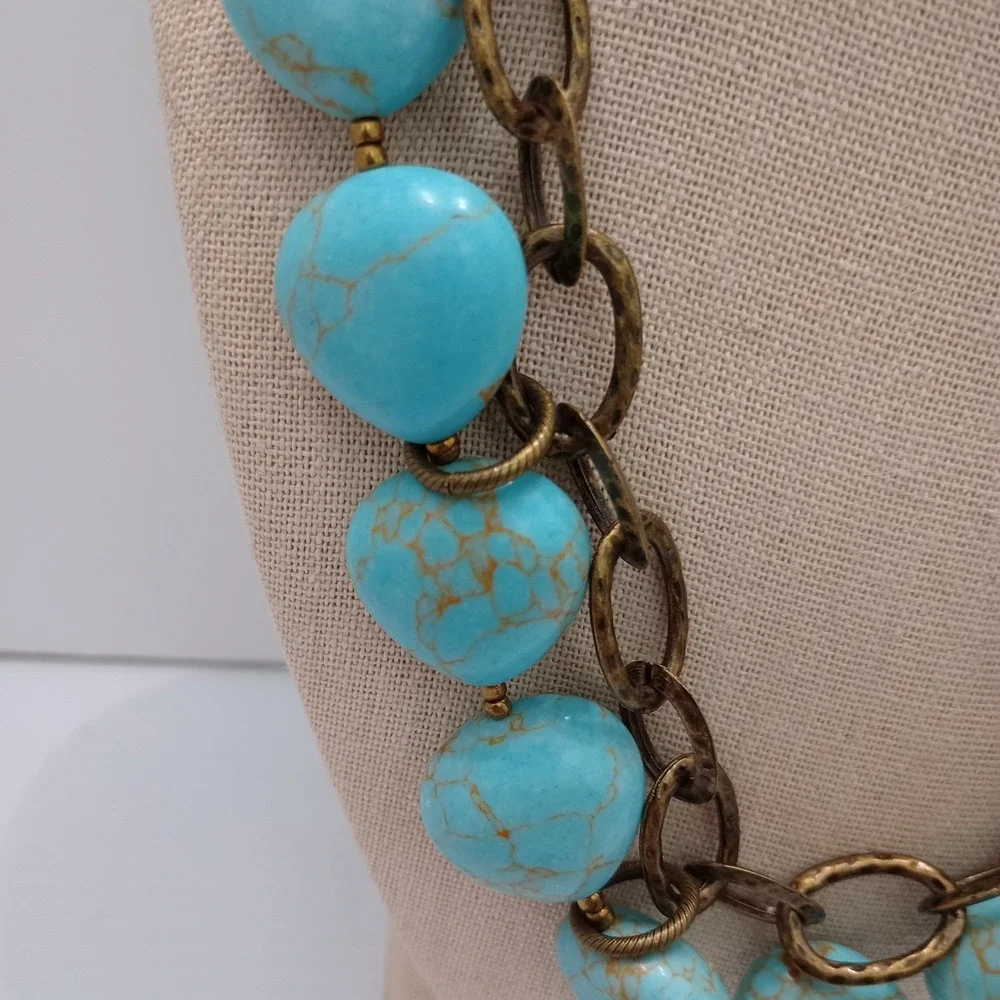 Premier Designs Turquoise Statement Necklace Gold Tone Signed